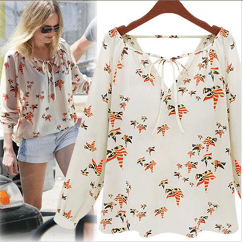 Pigeons Print V-Neck Blouse