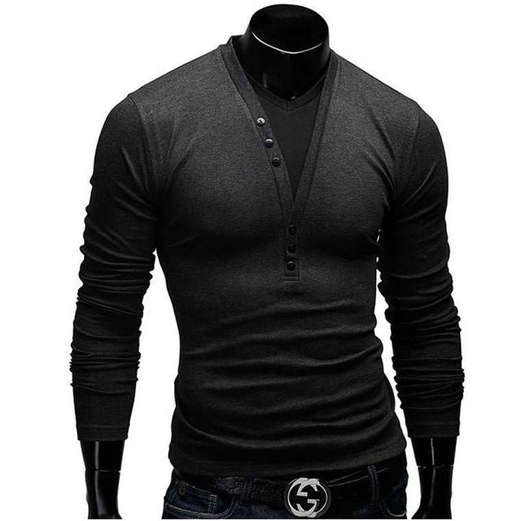 Fashion Button Casual Slim Fit V-neck Long Sleeve Tees