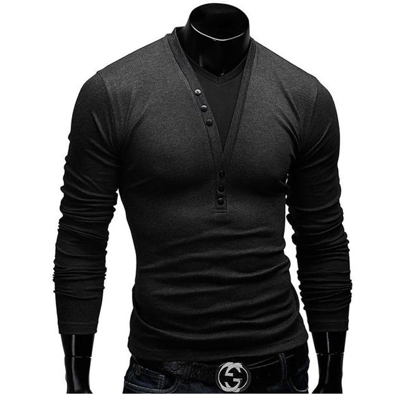Fashion Button Casual Slim Fit V-neck Long Sleeve Tees