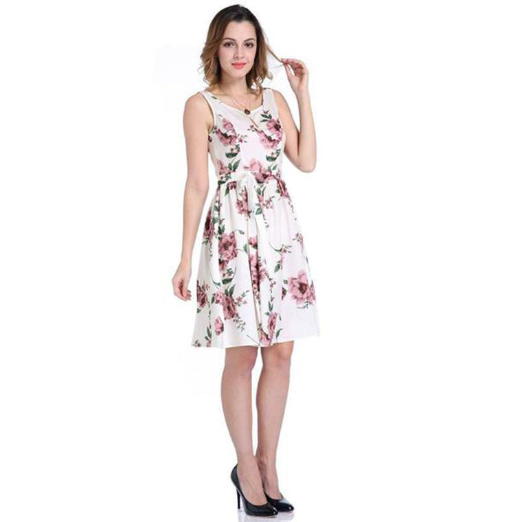 Floral Printed Elegant O-Neck Sleeveless Dress