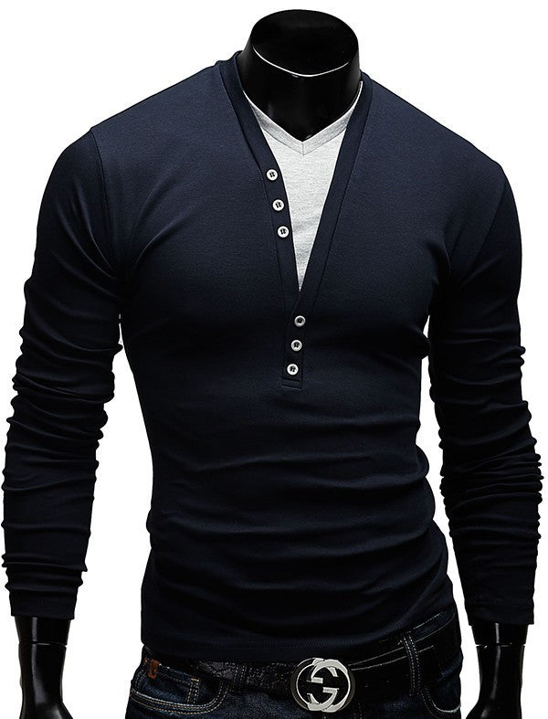 Fashion Button Casual Slim Fit V-neck Long Sleeve Tees