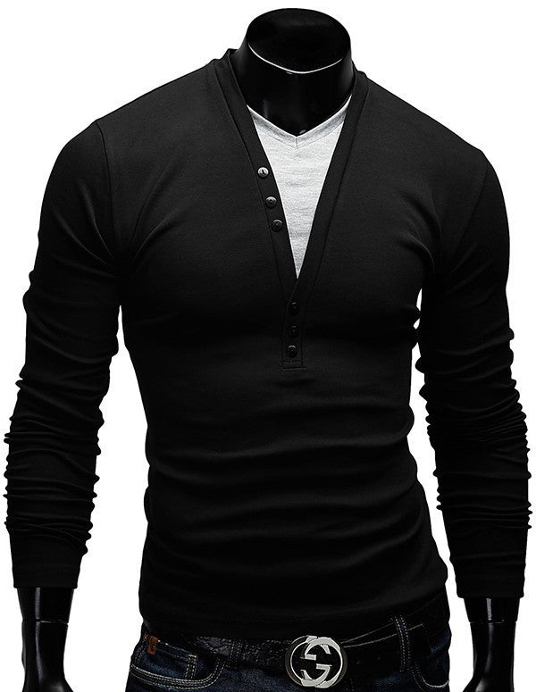 Fashion Button Casual Slim Fit V-neck Long Sleeve Tees