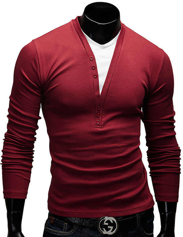 Fashion Button Casual Slim Fit V-neck Long Sleeve Tees