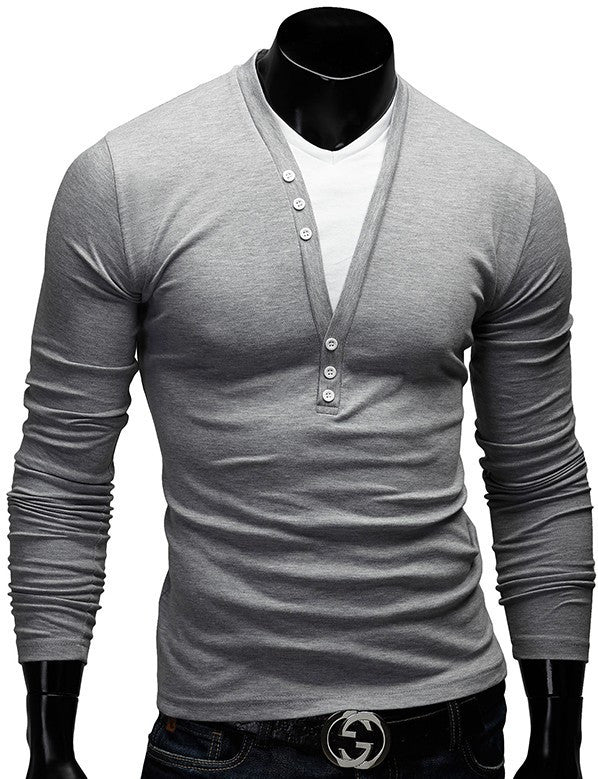 Fashion Button Casual Slim Fit V-neck Long Sleeve Tees