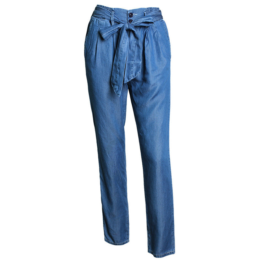 High Waist Denim Elastic Waist Pants