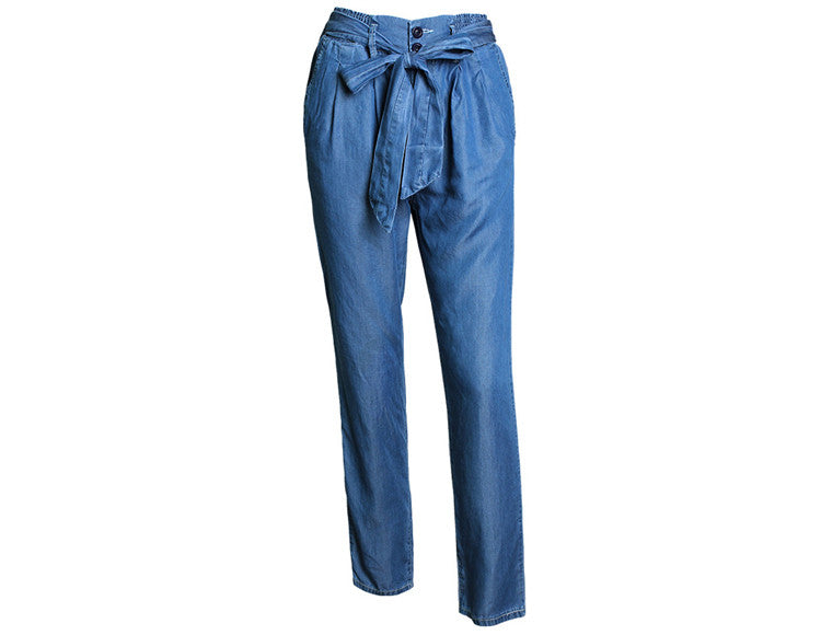 High Waist Denim Elastic Waist Pants