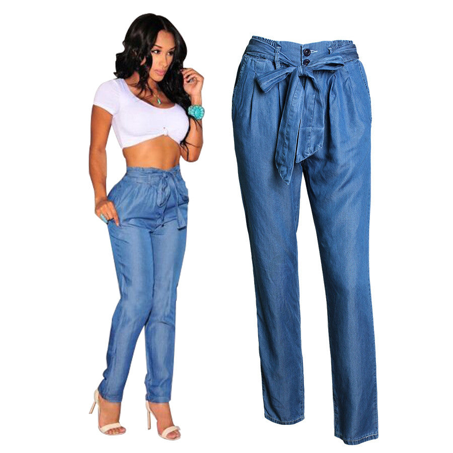 High Waist Denim Elastic Waist Pants