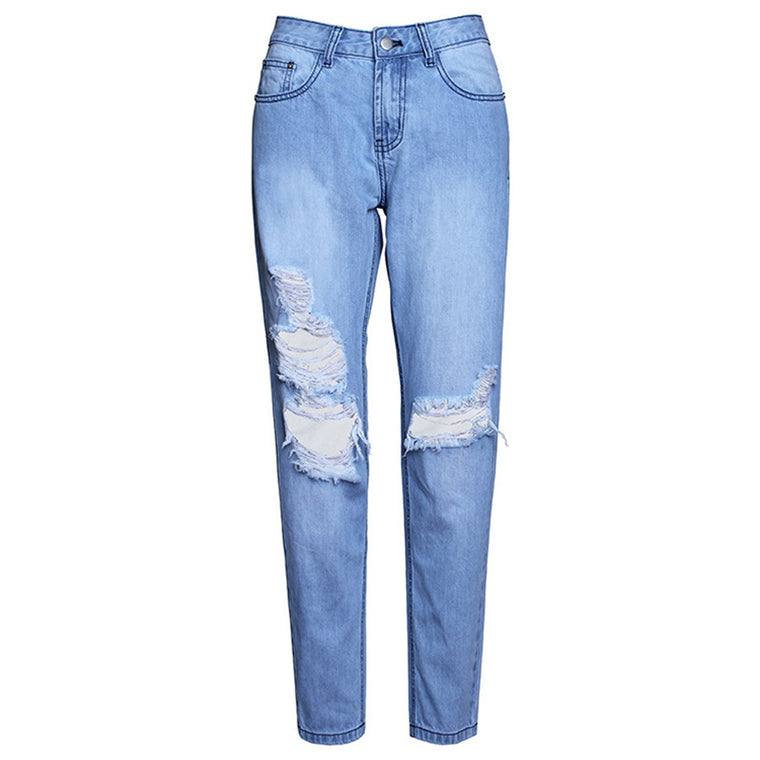 Light Washed Mid Waist Hole Denim Jeans Pants