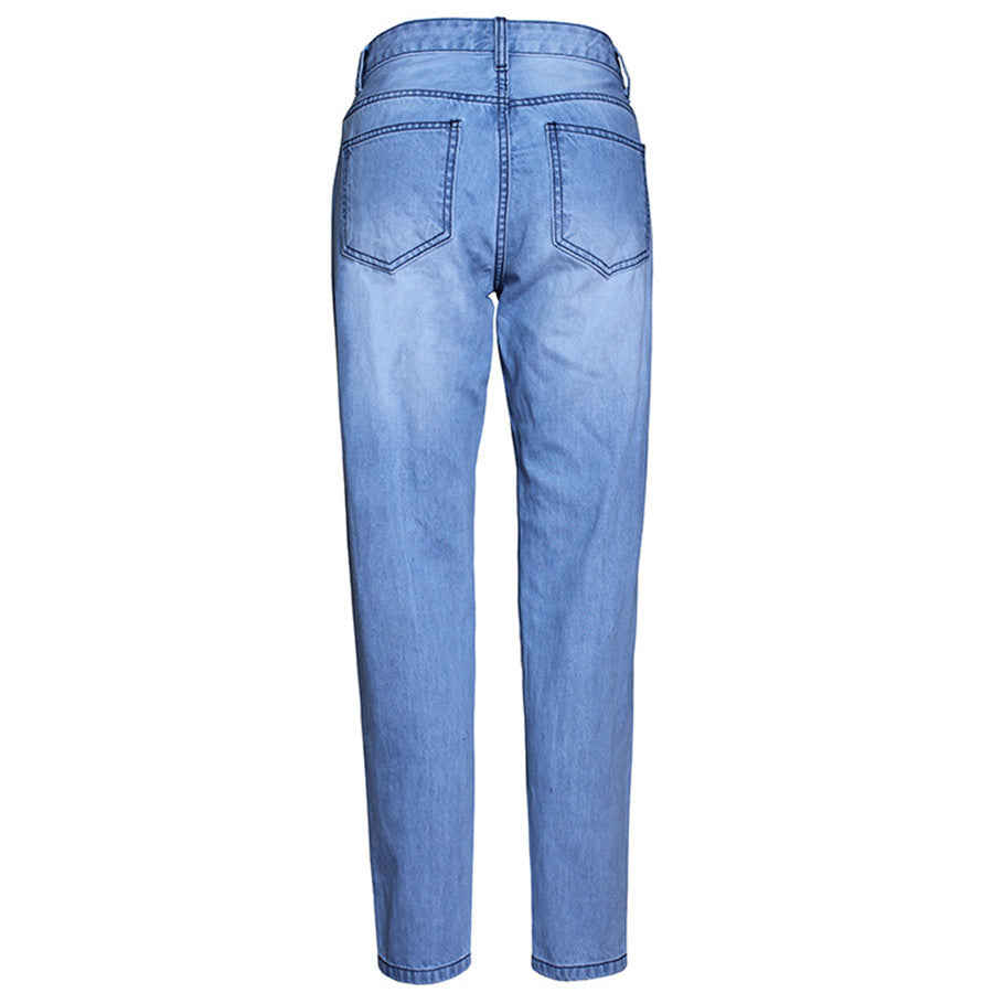 Light Washed Mid Waist Hole Denim Jeans Pants