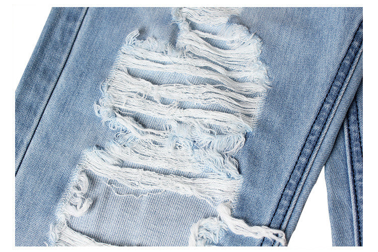 Light Washed Mid Waist Hole Denim Jeans Pants