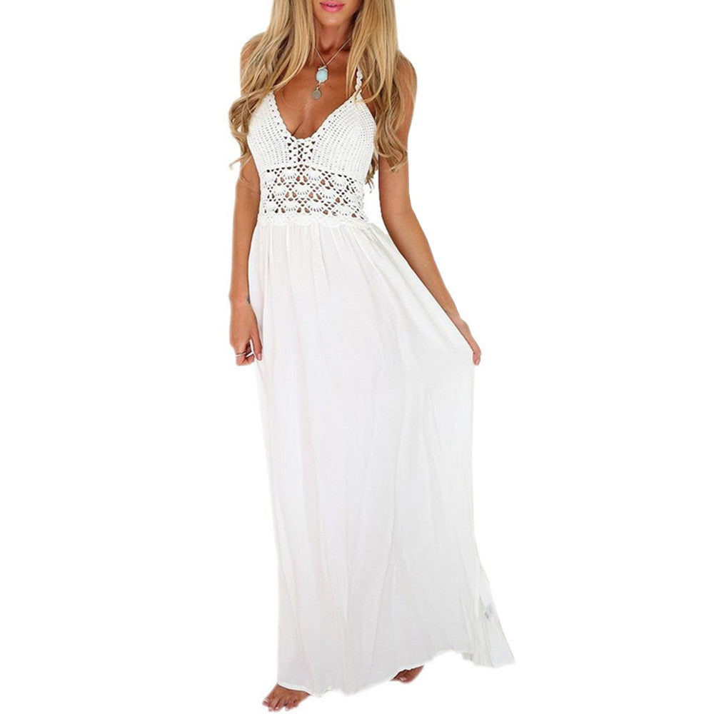 Backless Chiffon Sleeveless Hollow Out V-Neck Beach Dress