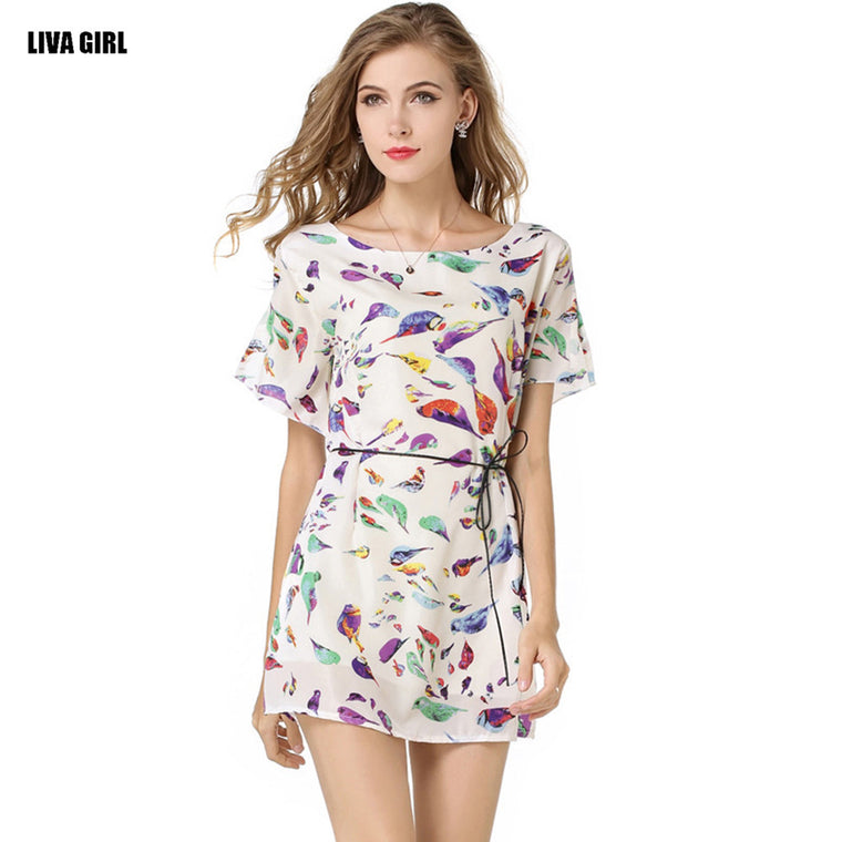 Printed Bat wing Sleeve O-neck Ladies Mini Dress