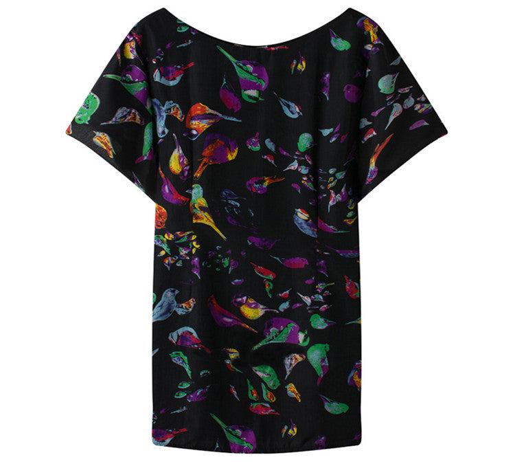 Printed Bat wing Sleeve O-neck Ladies Mini Dress