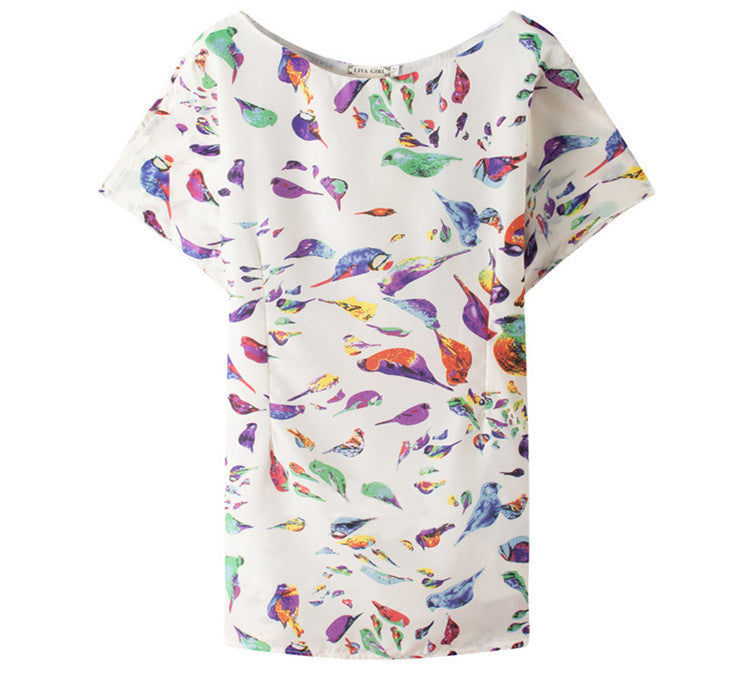 Printed Bat wing Sleeve O-neck Ladies Mini Dress