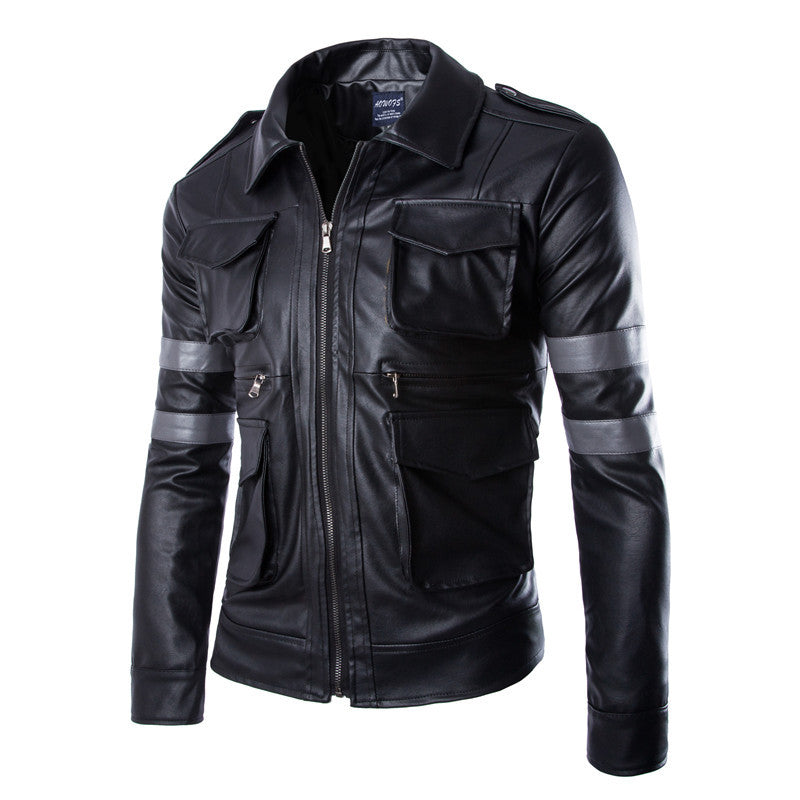 Leather Coat Multi-pocket Design Men Zipper Motorcycle Jacket