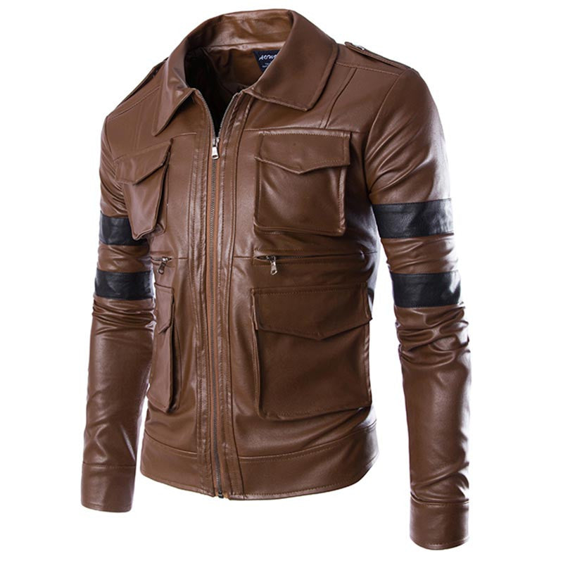 Leather Coat Multi-pocket Design Men Zipper Motorcycle Jacket