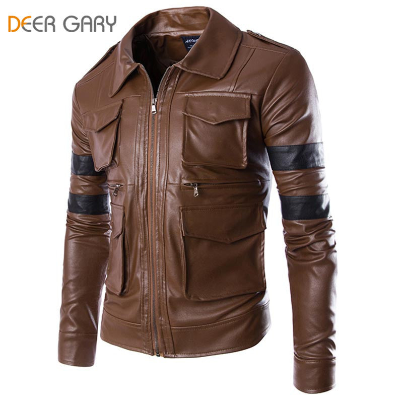 Leather Coat Multi-pocket Design Men Zipper Motorcycle Jacket