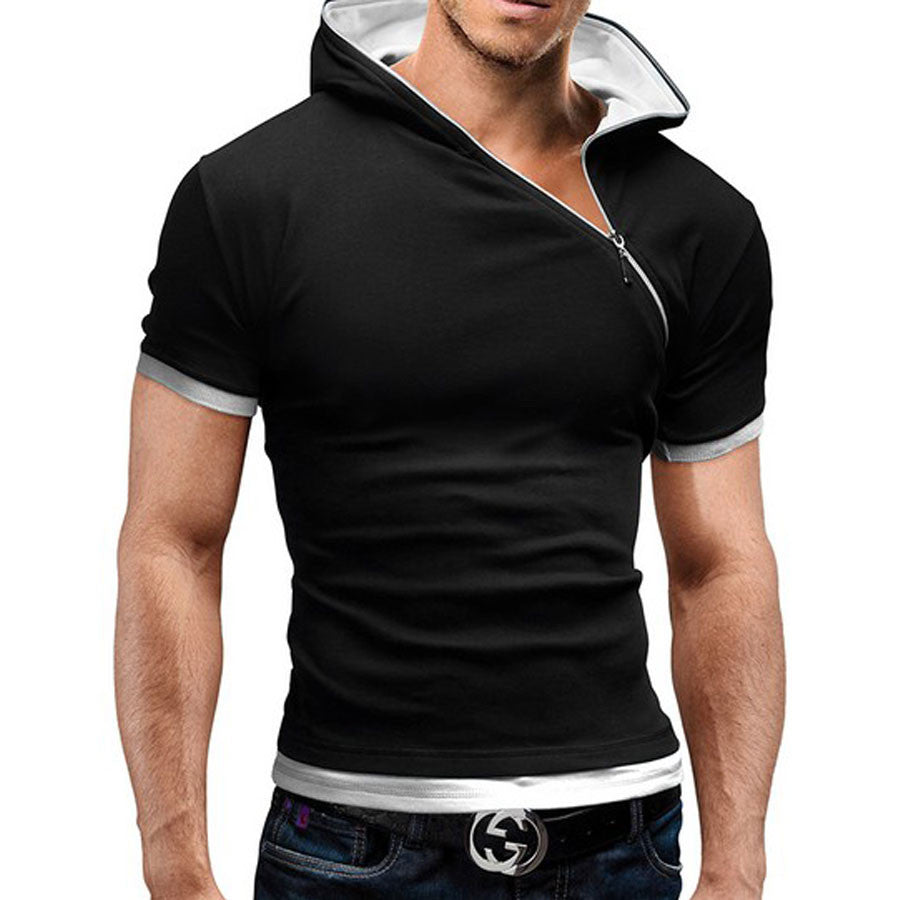 Inclined zipper design hooded man t-shirt