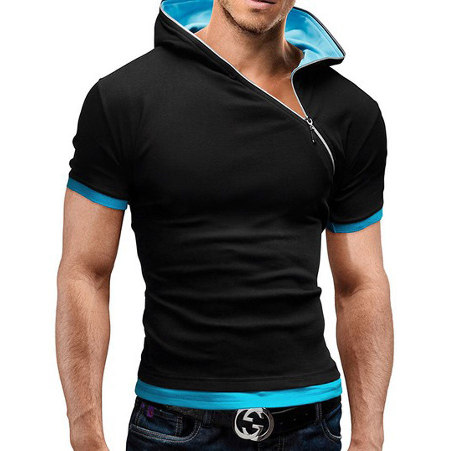 Inclined zipper design hooded man t-shirt