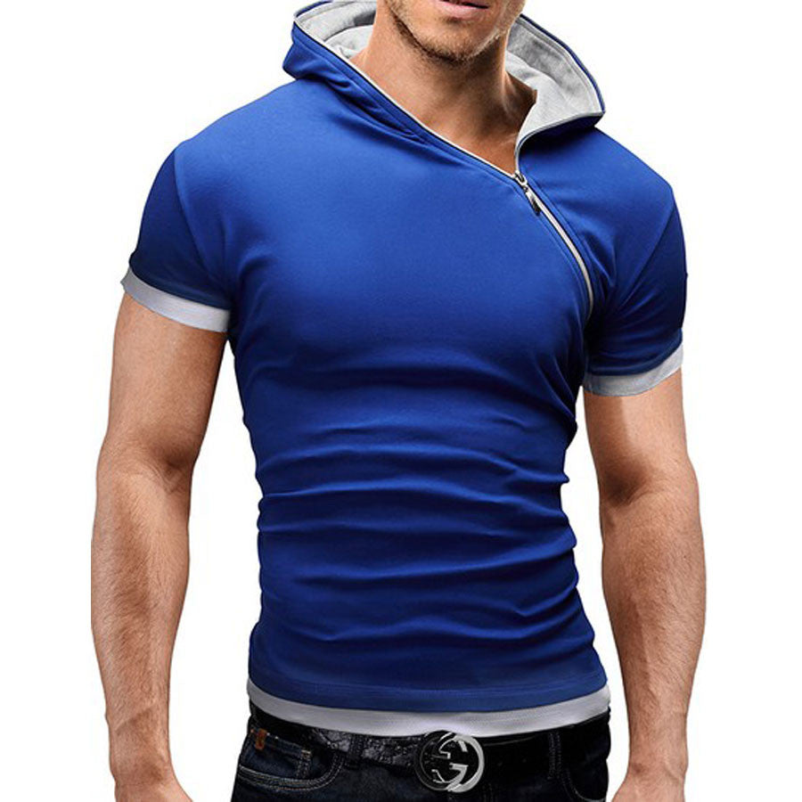 Inclined zipper design hooded man t-shirt