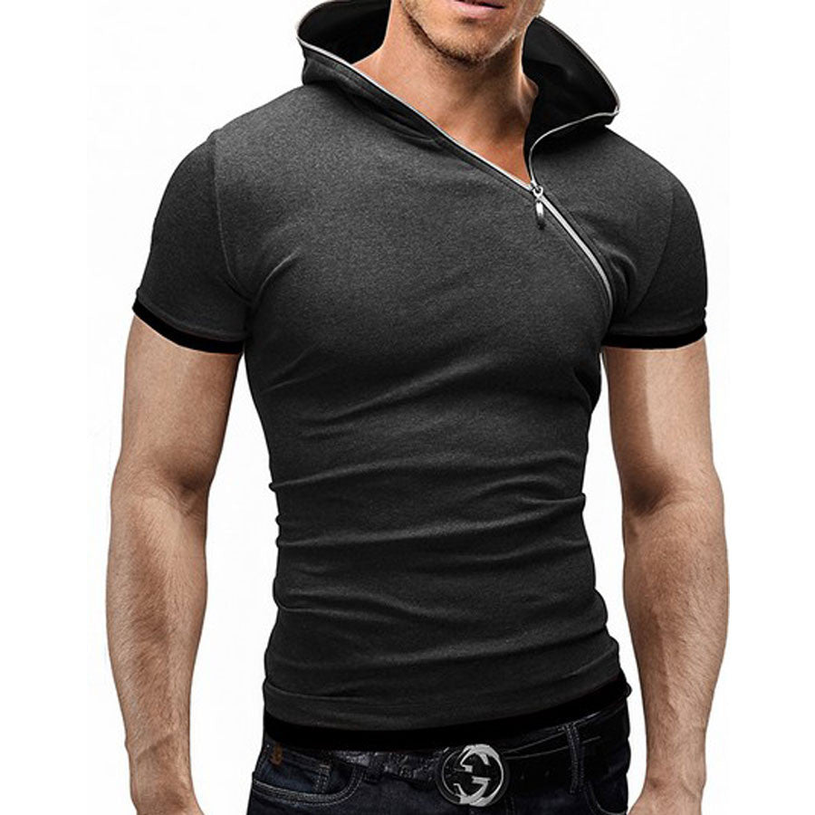 Inclined zipper design hooded man t-shirt
