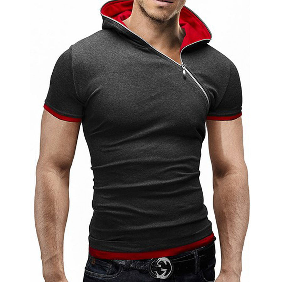 Inclined zipper design hooded man t-shirt