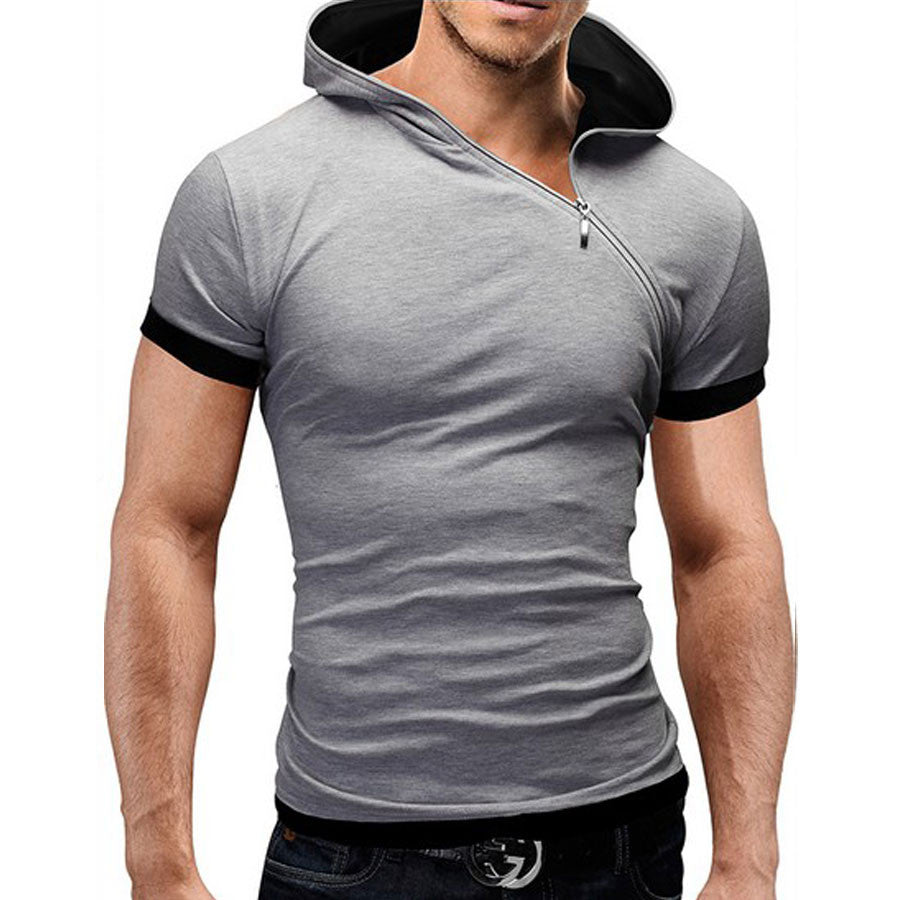 Inclined zipper design hooded man t-shirt
