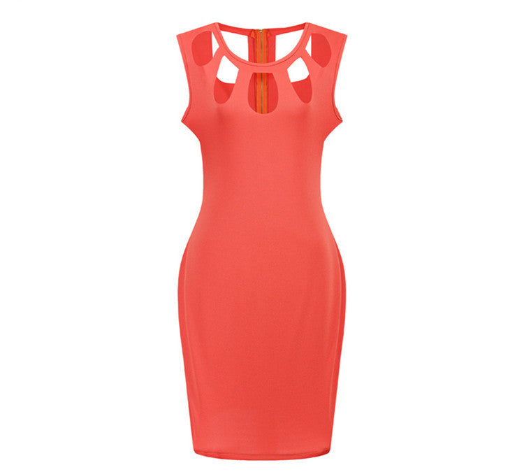 Ladies Sexy Hollow Out Casual Sleeveless O-neck Pencil Dress