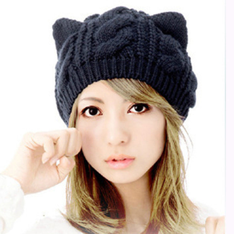 Cute Cat Ears Design women's winter knitted hats