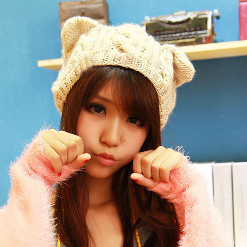 Cute Cat Ears Design women's winter knitted hats