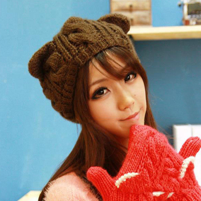 Cute Cat Ears Design women's winter knitted hats