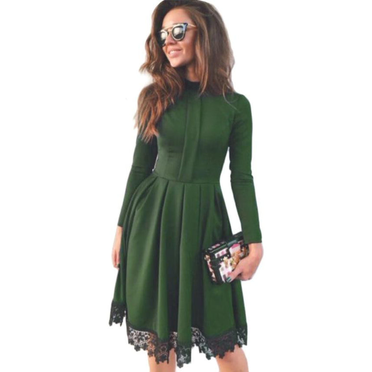 High Collar Long Sleeve Vintage Party Dress
