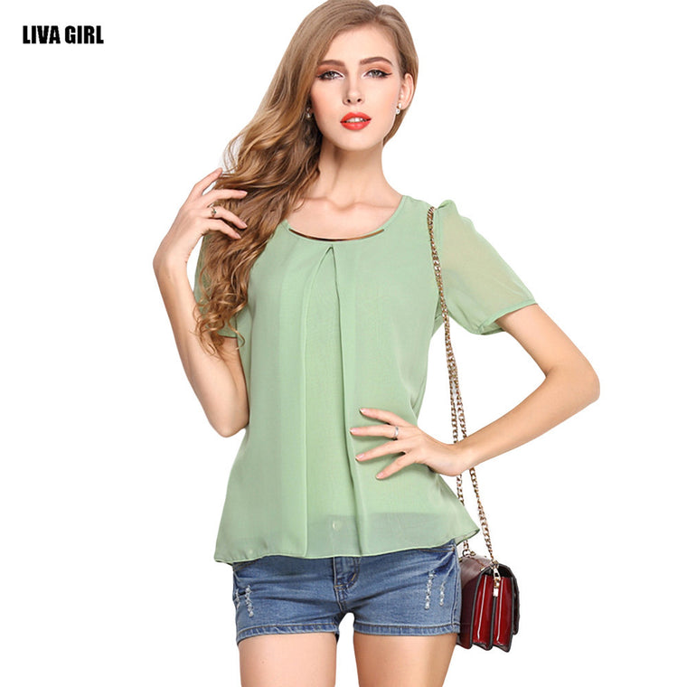 Chiffon Casual Slim Fit Short Sleeve O-neck Tee