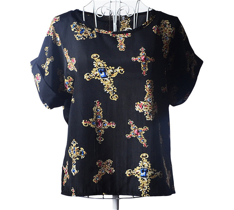 Causal Printed Chiffon Bat wing Sleeve Loose Shirt