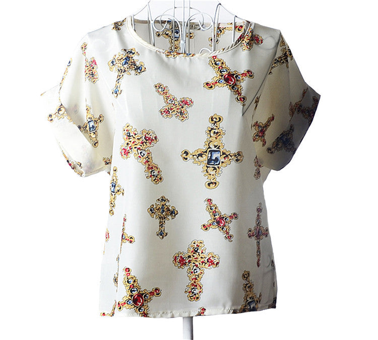 Causal Printed Chiffon Bat wing Sleeve Loose Shirt