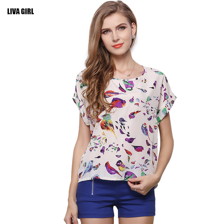 Causal Printed Chiffon Bat wing Sleeve Loose Shirt