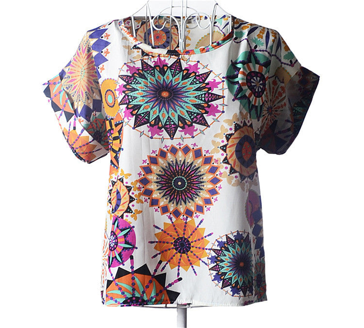 Causal Printed Chiffon Bat wing Sleeve Loose Shirt