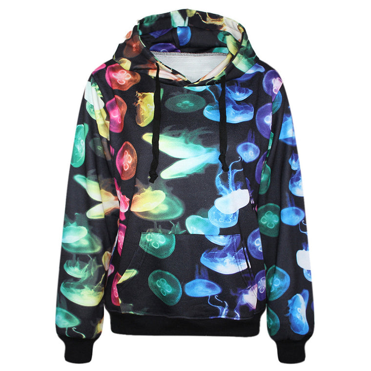 3D Jellyfish Print Long Sleeve Pockets Hoodies