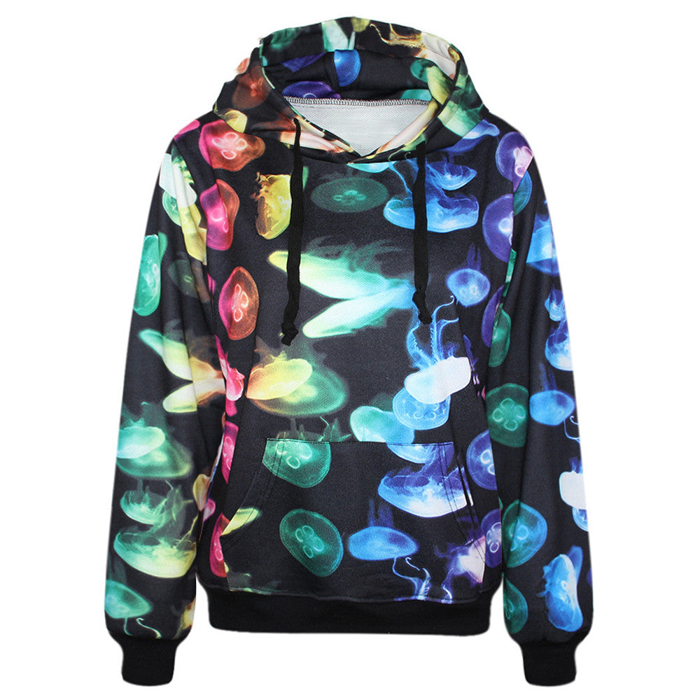 3D Jellyfish Print Long Sleeve Pockets Hoodies