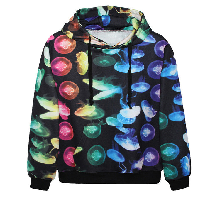 3D Jellyfish Print Long Sleeve Pockets Hoodies