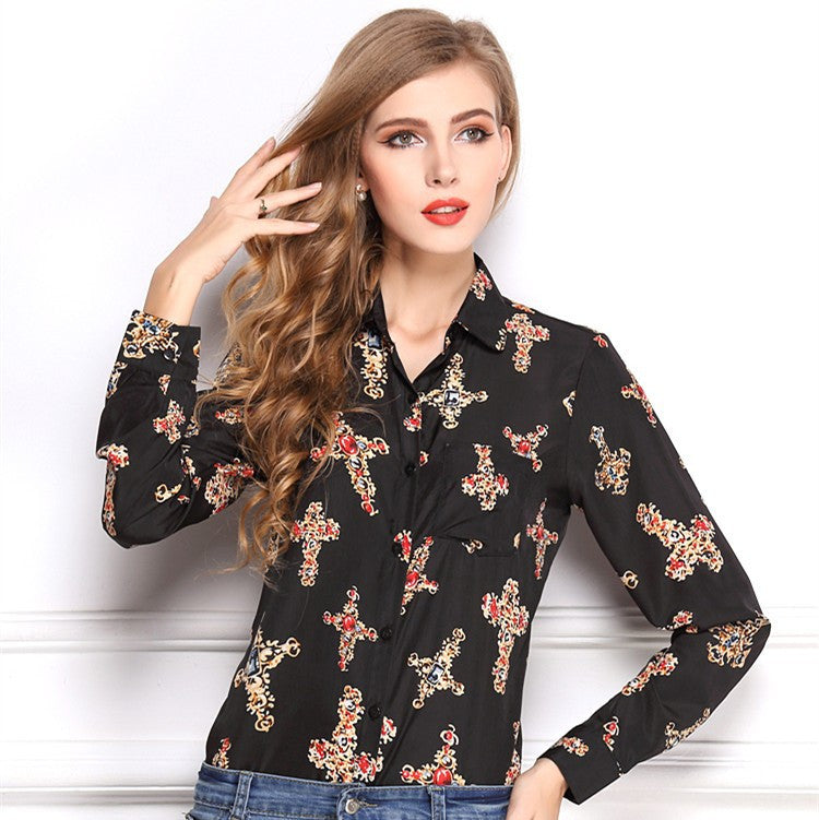 Turn-down Collar Printed Cross Pattern Long Sleeved Chiffon Blouse