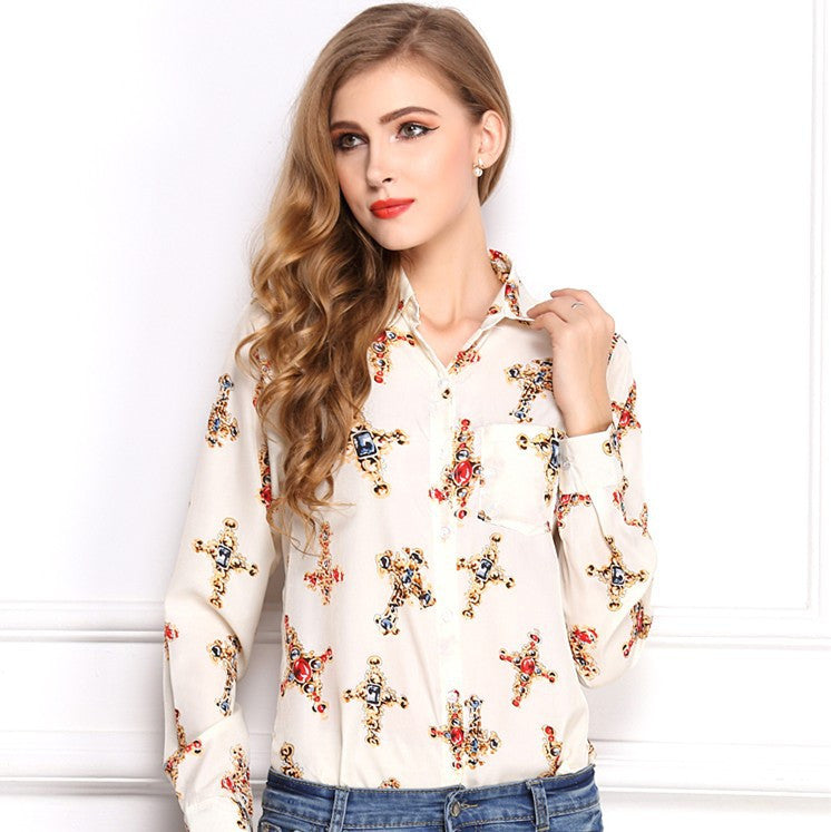 Turn-down Collar Printed Cross Pattern Long Sleeved Chiffon Blouse