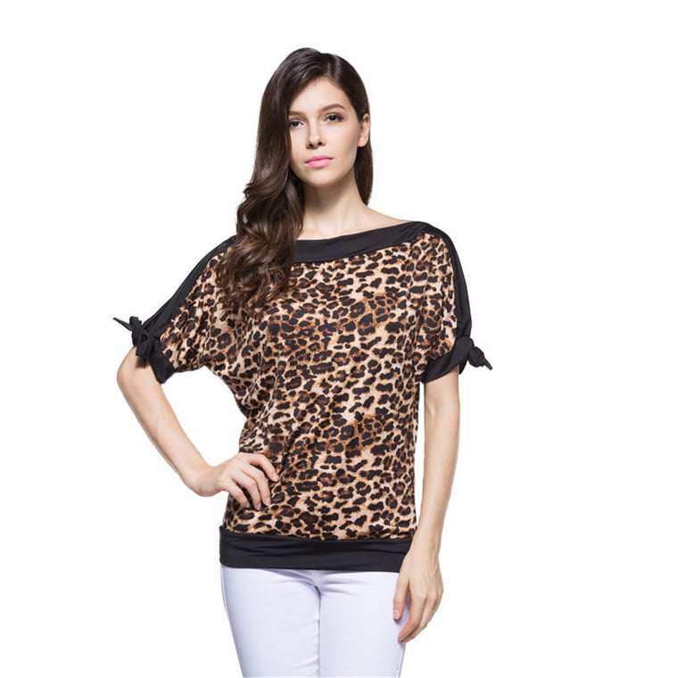 Leopard Print Casual Loose Bat wing Sleeve tops