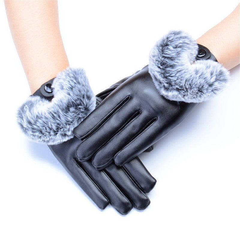 High Quality Imitation Rabbit Hair PU Leather Waterproof Gloves