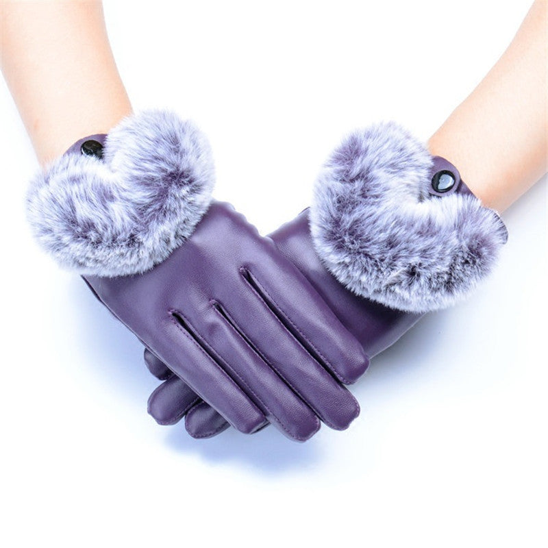High Quality Imitation Rabbit Hair PU Leather Waterproof Gloves