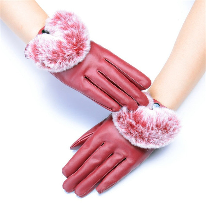 High Quality Imitation Rabbit Hair PU Leather Waterproof Gloves