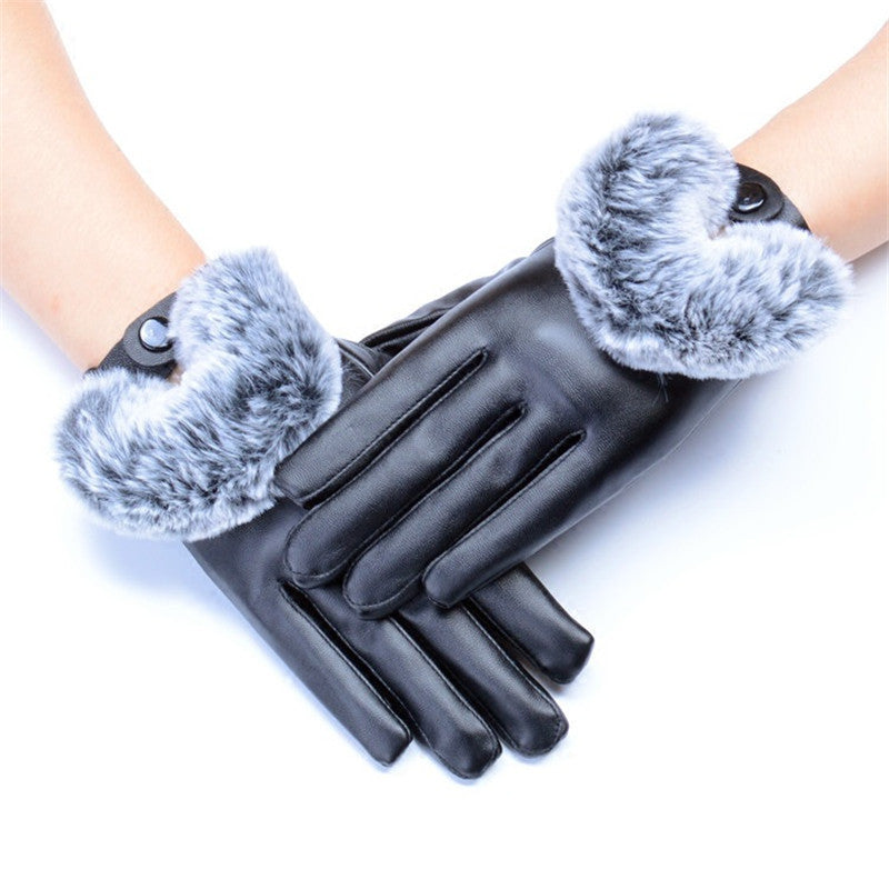 High Quality Imitation Rabbit Hair PU Leather Waterproof Gloves