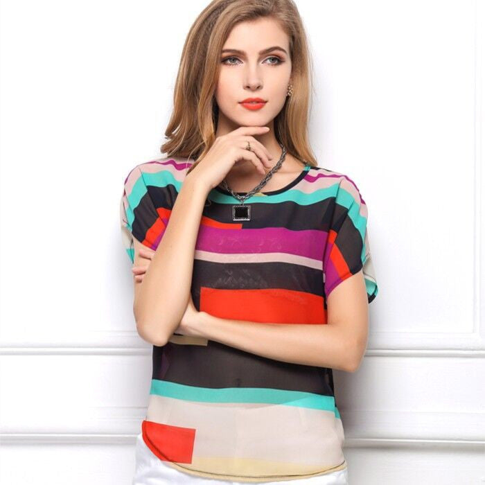 Rainbow Colored Bat wing Short Sleeve Chiffon Blouse