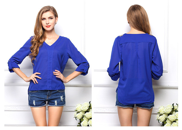 Chiffon Solid Beading V-Neck Half Sleeve Blouse