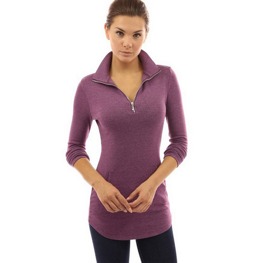 High Quality Skinny Solid Long Sleeve V-neck Zipper T-shirt